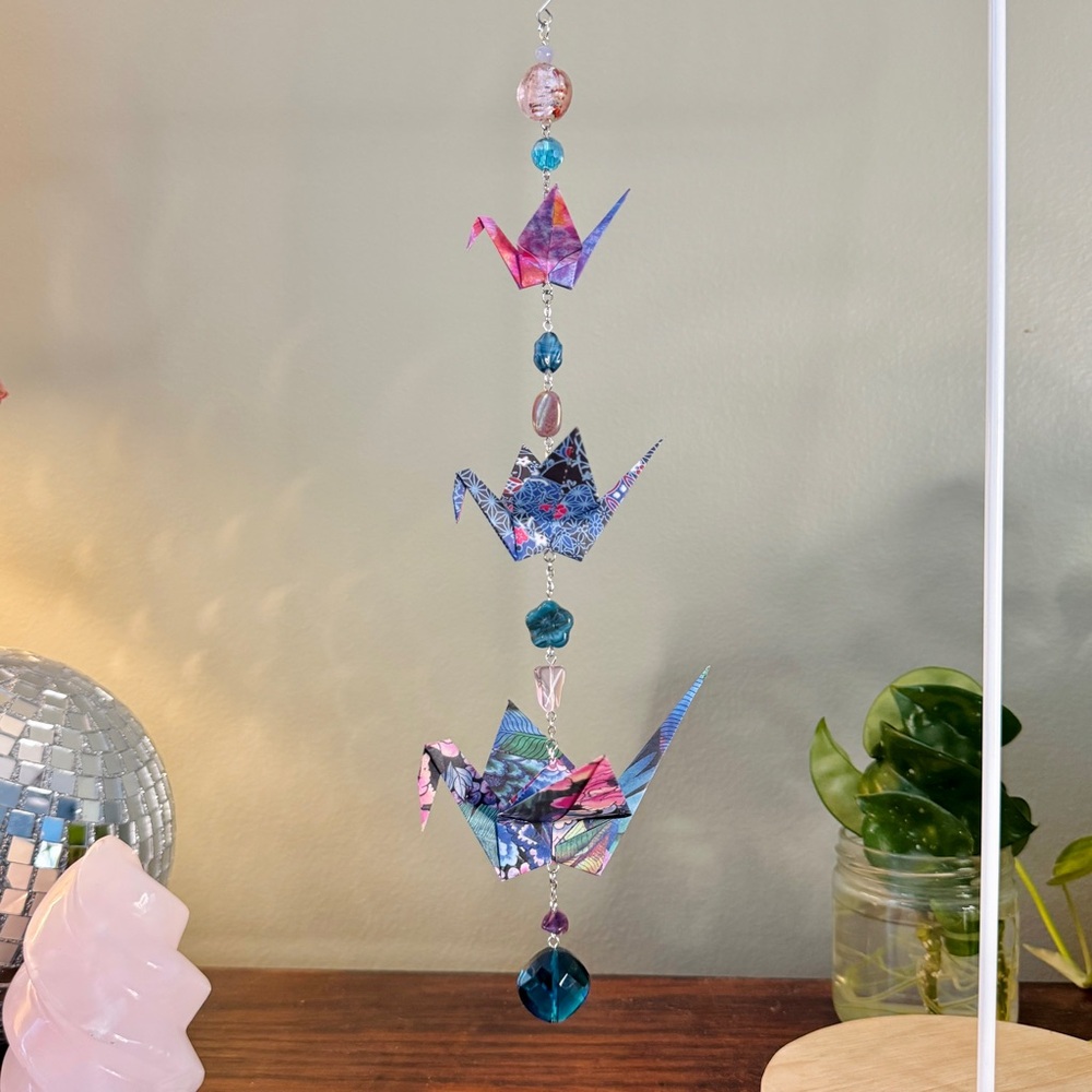 Origami Ornament #2408 - Triple Crane with Repurposed Beads